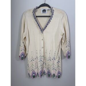 VTG 90s Storybook‎ Knits Peacock Beaded Button Cardigan Sweater Grandmacore Sz M